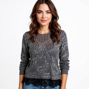 FYLO London Lace Hem Soft Knit Sweater Pullover Black Gray Size S Women’s Cozy